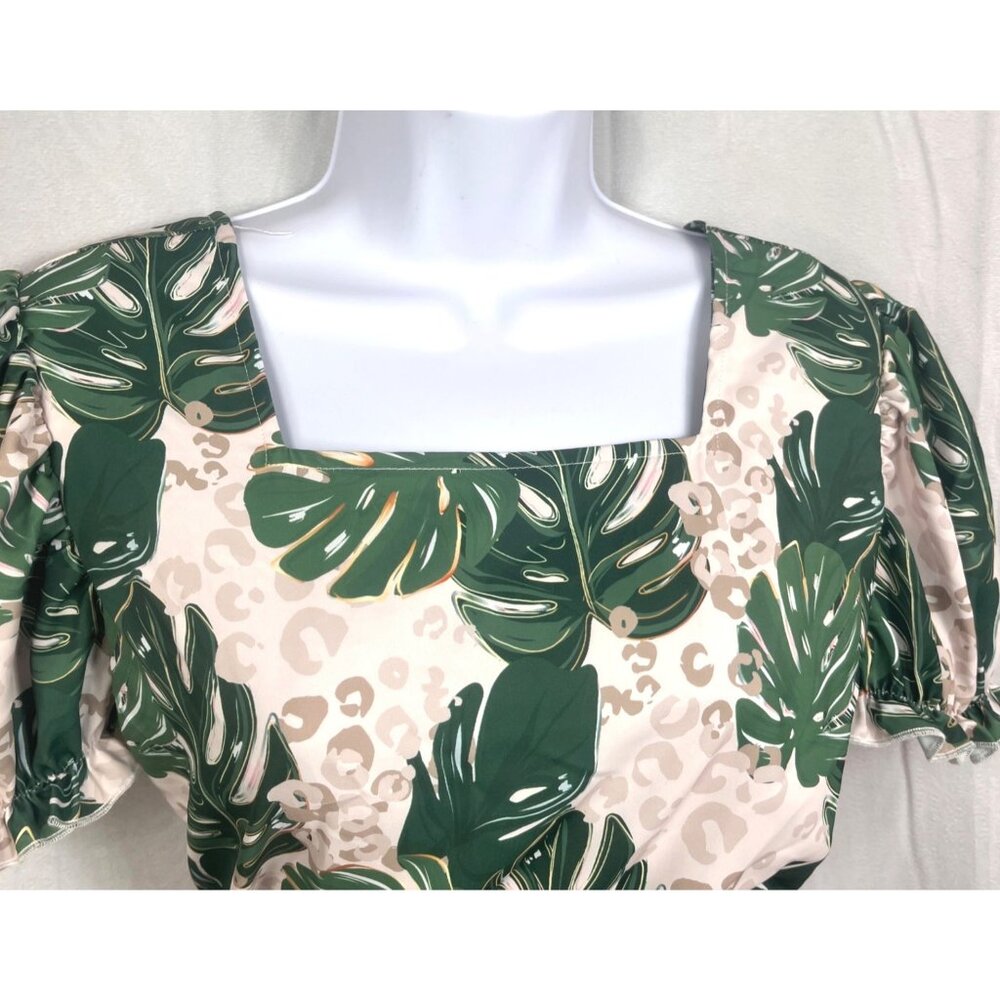 Boutique Tropical Leaf & Leopard Print Dress W Belt Puff Sleeves & Headband - Picture 4 of 8